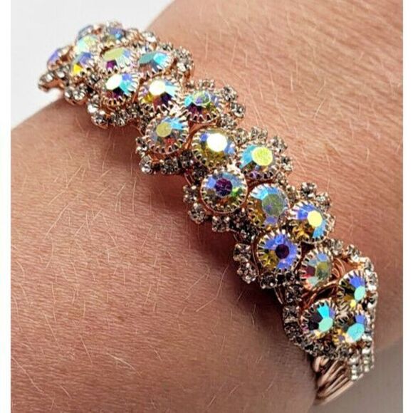 Monet Fexible Rhinestone Gold AB Crystal Bracelet 2in to 3.25in diameter - Picture 1 of 7